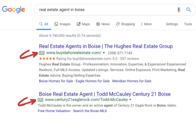 Example of PPC marketing for real estate agents