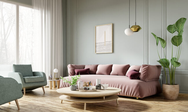 Pink sofa in modern living room. Contemporary interior design of room with mint wall and wooden coffee table. Home interior with poster. 3d rendering