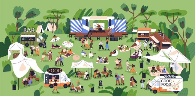 Real estate farming event, open-air concert with outdoor stage, live performance, dancing people in nature, food trucks and tents. Summer public entertainment party, picnic in park. Flat vector illustration