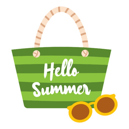 Vector summer lettering Hello Summer and beach bag with sunglasses. Vector summer illustration on flat design. Banner design with Hello Summer text. Label design for beach holiday.