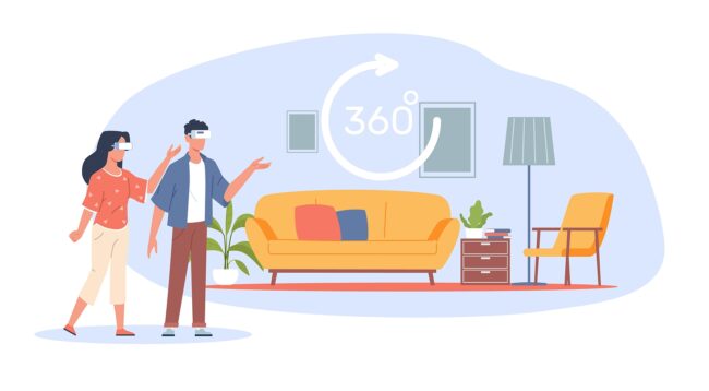 Concept of virtual real estate tour, married couple looking at an apartment to buy or rent. VR online service. Application for quick search for housing online vector cartoon flat illustration
