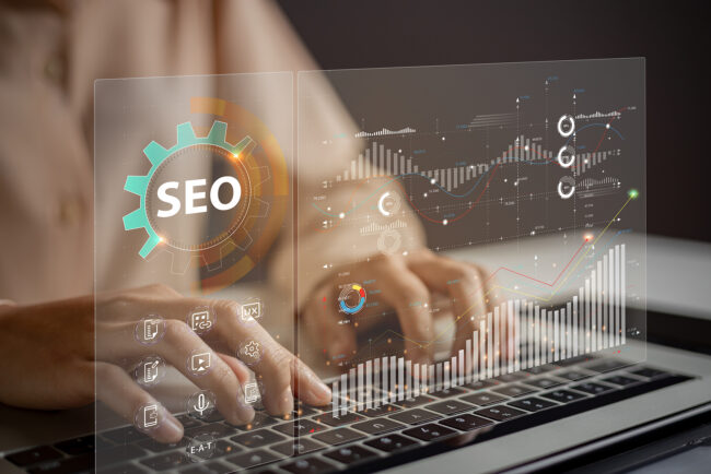 Website admins using SEO tools to get their websites ranked in top search rankings in search engine. Website improvement concept to make search results higher.