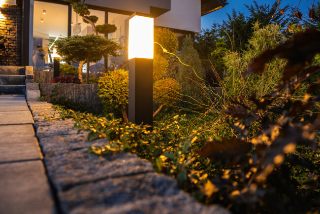 Outdoor Backyard Garden LED. Residential Illumination at Night during fall for curb appeal.