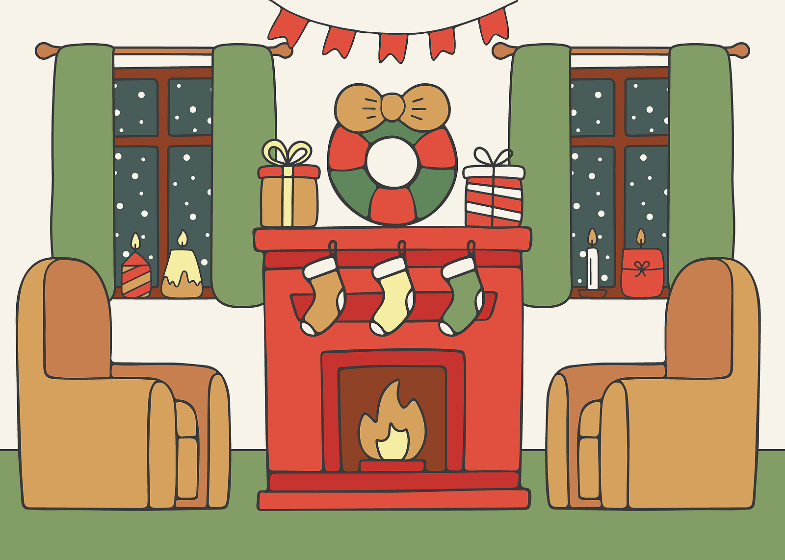 House Living Room With Fireplace And Wreath Of Tree, Interior Wi