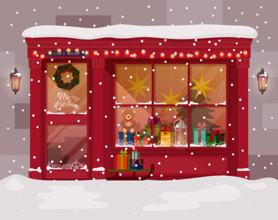 Christmas decor on a wintery street. Christmas decor from inside a cozy home.
