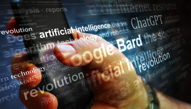 ChatGPT Bard artificial intelligence ai technology pop up window on computer screen. Abstract concept of news titles across social media 3d illustration.