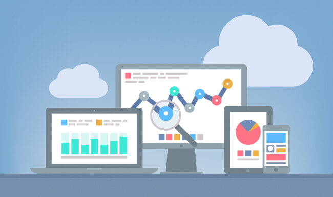 Flat design modern vector illustration concept of website google  analytics and SEO data analysis using cha gpt, modern electronics and mobile devices. 