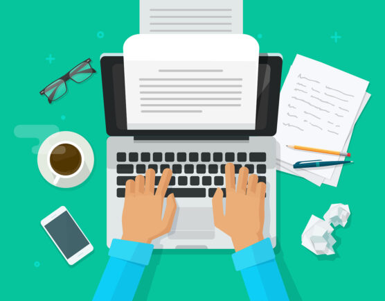 Real estate content creation on computer paper sheet vector illustration, flat cartoon person editor write electronic book text top view, laptop with writing letter or content for business. 