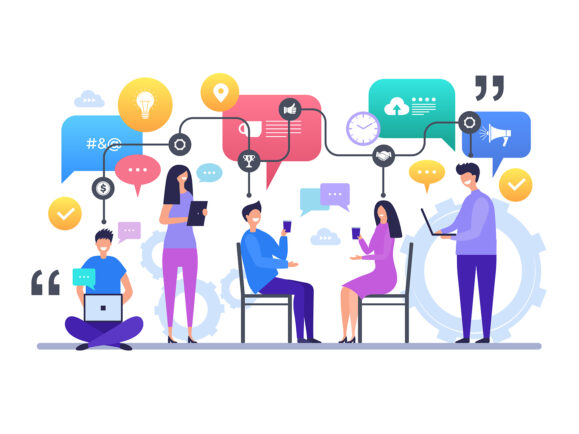 Communication people. Talking chatting global social network discussion vector characters concept scene. Illustration of communication global, communicating process