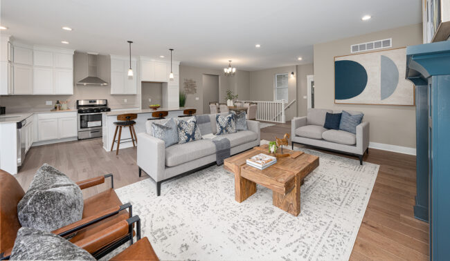 living room beautifully staged with great lighting. An open concept with a white modern kitchen and big living room. 