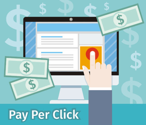 Pay per click internet advertising model when the ad is clicked. Monitor with button buy modern flat design cartoon style